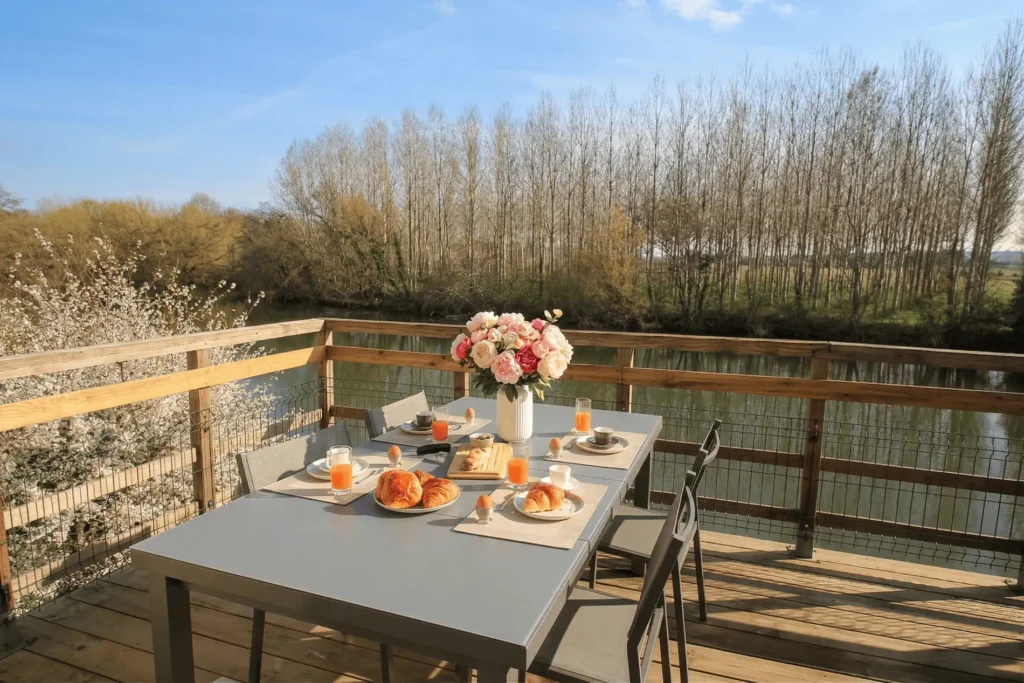 Petit déjeuner sur la terrasse au bord de l'Isle