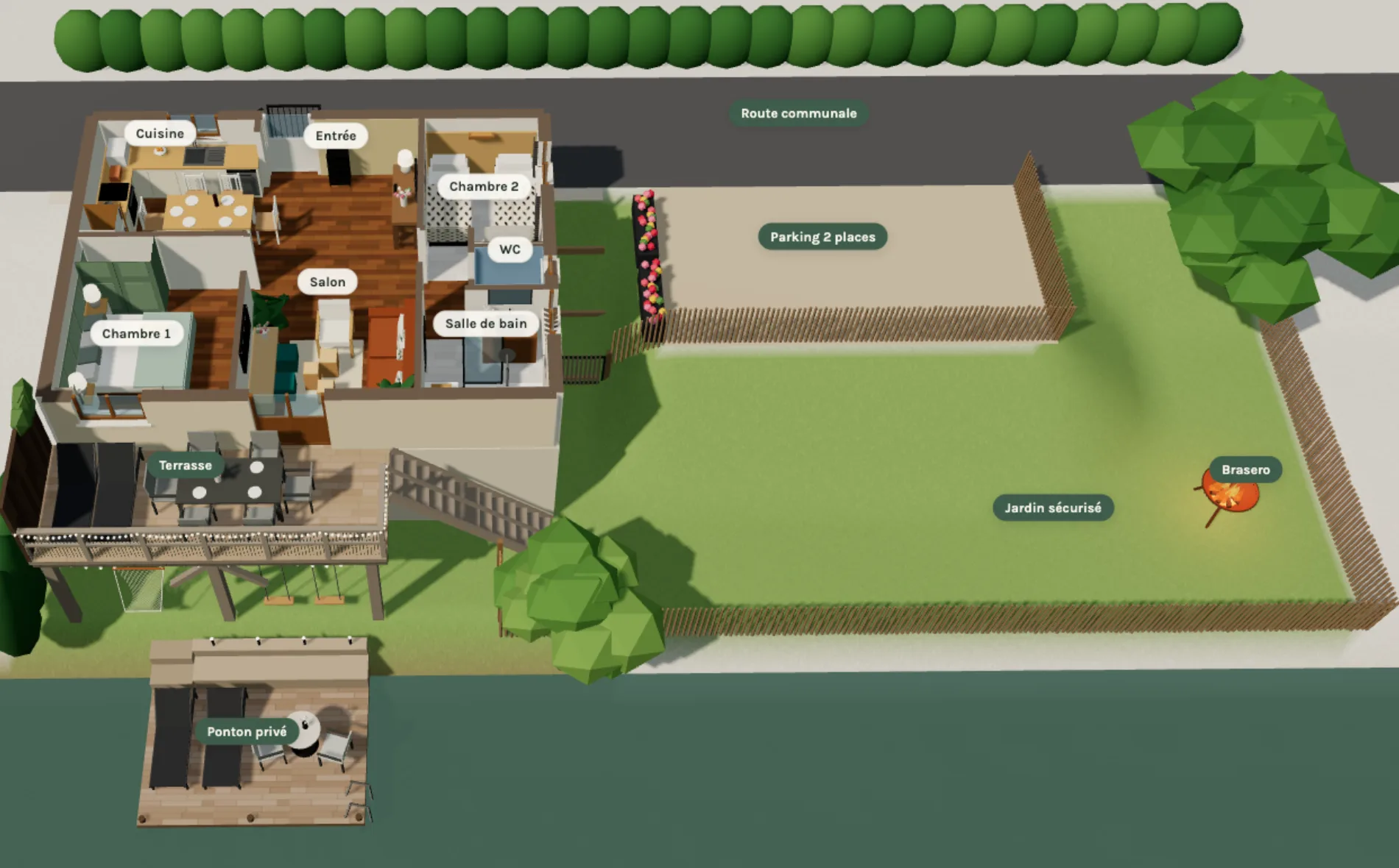Plan 3D du gîte L’Instant de l’Isle : deux chambres, salon, cuisine, terrasse, jardin clôturé, parking et ponton privé au bord de la rivière